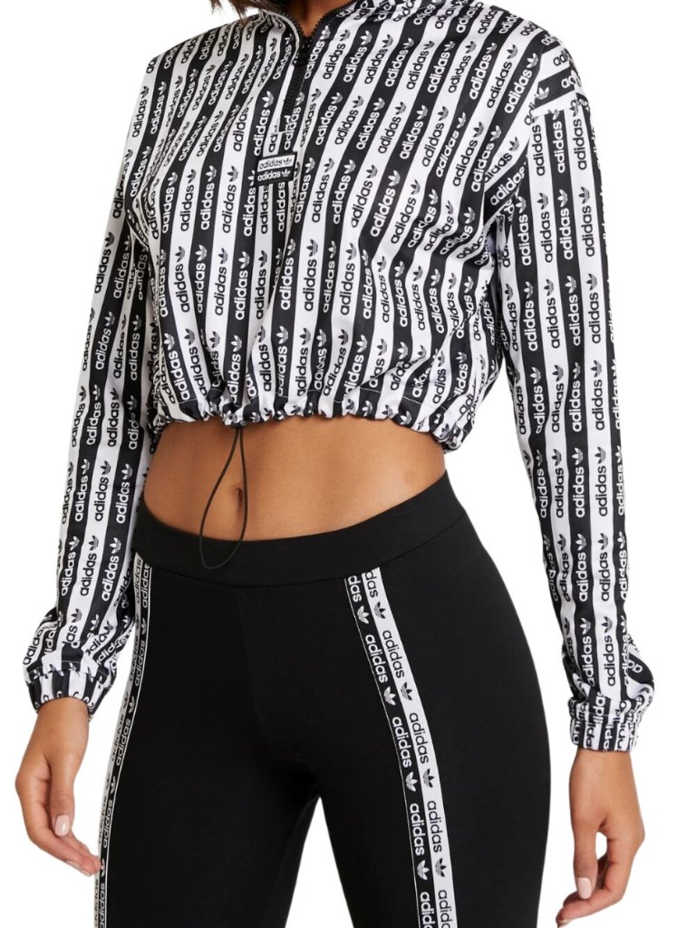 Adidas Originals All Over Print Crop Quarter Zip Top Black White Logo XS